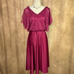 Vintage 70s Butterfly Sleeve Dress Burgundy Midi Sheer Layered Draped Top Formal